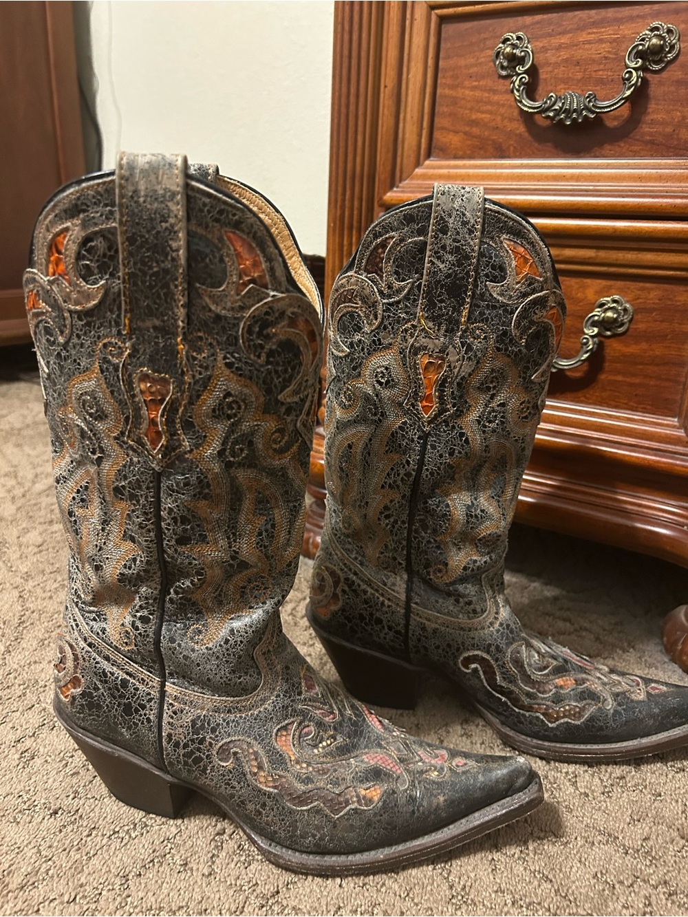 Women’s Stetson Leather Cowboy Boots - Black with Orange, Red and Yellow Python
